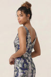 Navy Flower Sheath Printed Ankle Length Bridesmaid Dress with Slit