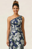 One Shoulder Mermaid Navy Flower Long Wedding Guest Dress