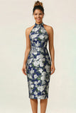Halter Sheath Navy Flower Midi Wedding Guest Dress