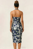 Halter Sheath Navy Flower Midi Wedding Guest Dress