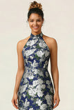 Halter Sheath Navy Flower Midi Wedding Guest Dress