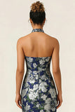 Halter Sheath Navy Flower Midi Wedding Guest Dress