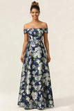 Off the Shoulder Navy Flower A Line Long Wedding Guest Dress