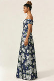 Off the Shoulder Navy Flower A Line Long Wedding Guest Dress