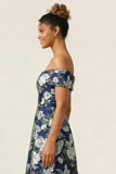 Off the Shoulder Navy Flower A Line Long Wedding Guest Dress