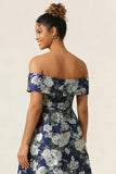 Off the Shoulder Navy Flower A Line Long Wedding Guest Dress