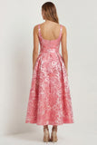 Hot Pink A Line Jacquard Square Neck Midi Wedding Guest Dress with Bow