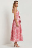 Hot Pink A Line Jacquard Square Neck Midi Wedding Guest Dress with Bow