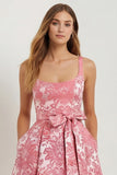 Hot Pink A Line Jacquard Square Neck Midi Wedding Guest Dress with Bow