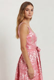 Hot Pink A Line Jacquard Square Neck Midi Wedding Guest Dress with Bow