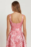 Hot Pink A Line Jacquard Square Neck Midi Wedding Guest Dress with Bow
