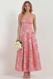 Strapless A Line Hot Pink Jacquard Midi Wedding Guest Dress with Pockets