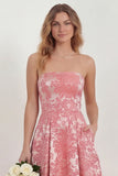 Strapless A Line Hot Pink Jacquard Midi Wedding Guest Dress with Pockets