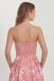 Strapless A Line Hot Pink Jacquard Midi Wedding Guest Dress with Pockets