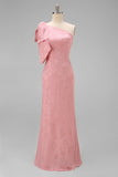 Blush Pink Mermaid One Shoulder Floral Long Bridesmaid Dress with Bow