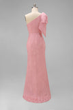 Blush Pink Mermaid One Shoulder Floral Long Bridesmaid Dress with Bow