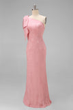 Blush Pink Mermaid One Shoulder Floral Long Bridesmaid Dress with Bow