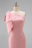 Blush Pink Mermaid One Shoulder Floral Long Bridesmaid Dress with Bow