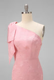 Blush Pink Mermaid One Shoulder Floral Long Bridesmaid Dress with Bow