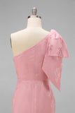 Blush Pink Mermaid One Shoulder Floral Long Bridesmaid Dress with Bow