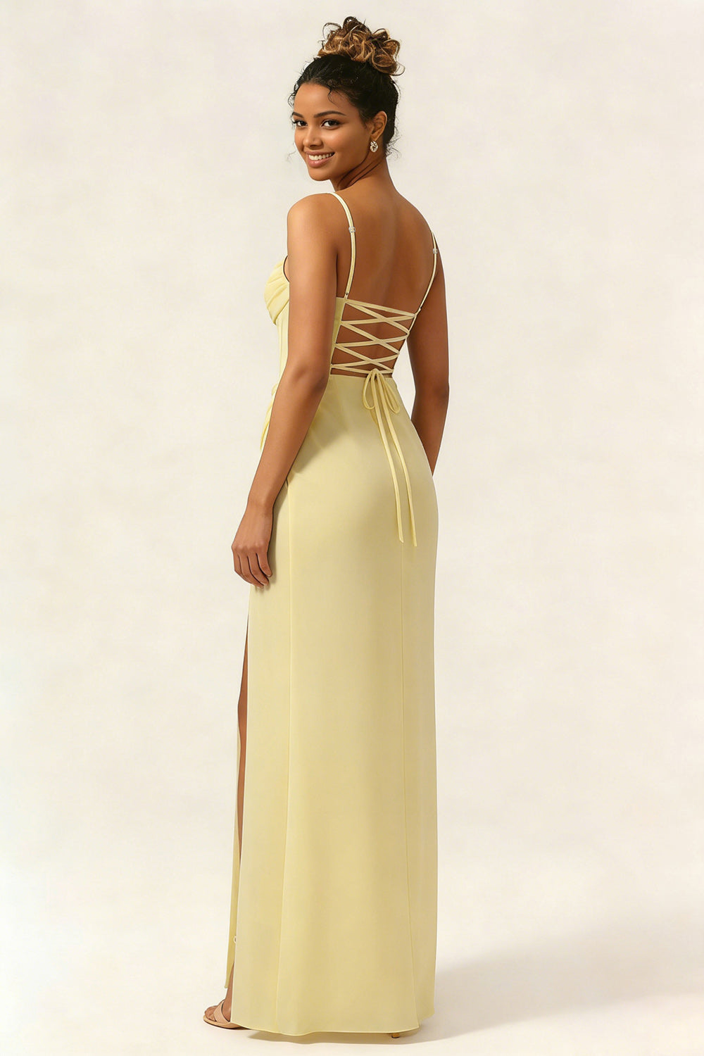 WEDTREND Women Daffodil Sheath Bridesmaid Dress with Slit Chiffon Spaghetti Straps Corset Long Wedding Guest Dress with Lace Up Back WEDTREND Women Daffodil Sheath Bridesmaid Dress with Slit Chiffon Spaghetti Straps Corset Long Wedding Guest Dress with Lace Up Back