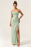 Green Flower Mermaid Corset Chiffon Long Bridesmaid Dress with Slit