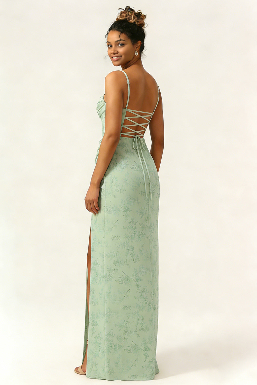 WEDTREND Women Green Flower Mermaid Bridesmaid Dress with Slit Chiffon Spaghetti Straps Corset Long Wedding Guest Dress with Lace Up Back WEDTREND Women Green Flower Mermaid Bridesmaid Dress with Slit Chiffon Spaghetti Straps Corset Long Wedding Guest Dress with Lace Up Back