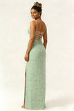 Green Flower Mermaid Corset Chiffon Long Bridesmaid Dress with Slit