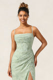 Green Flower Mermaid Corset Chiffon Long Bridesmaid Dress with Slit