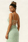 Green Flower Mermaid Corset Chiffon Long Bridesmaid Dress with Slit