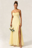 Green Flower A Line Spaghetti Straps Chiffon Long Bridesmaid Dress with Slit