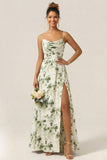 Green Flower A Line Spaghetti Straps Chiffon Long Bridesmaid Dress with Slit