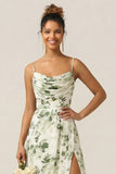 Green Flower A Line Spaghetti Straps Chiffon Long Bridesmaid Dress with Slit