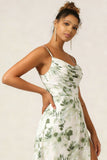 Green Flower A Line Spaghetti Straps Chiffon Long Bridesmaid Dress with Slit