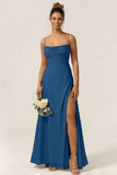 Green Flower A Line Spaghetti Straps Chiffon Long Bridesmaid Dress with Slit
