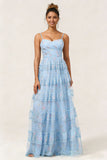 Blue Floral Printed A Line Tiered Ruffle Long Bridesmaid Dress