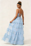 Blue Floral Printed A Line Tiered Ruffle Long Bridesmaid Dress
