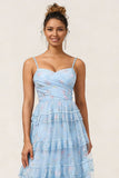 Blue Floral Printed A Line Tiered Ruffle Long Bridesmaid Dress