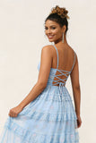 Blue Floral Printed A Line Tiered Ruffle Long Bridesmaid Dress