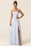 A Line Blue Flower Spaghetti Straps Printed Long Bridesmaid Dress with Slit