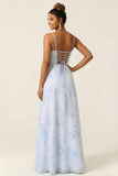 A Line Blue Flower Spaghetti Straps Printed Long Bridesmaid Dress with Slit