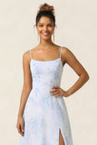 A Line Blue Flower Spaghetti Straps Printed Long Bridesmaid Dress with Slit