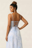 A Line Blue Flower Spaghetti Straps Printed Long Bridesmaid Dress with Slit