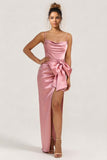 Blush Pink Mermaid Satin Bowed Long Bridesmaid Dress with Slit