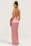 Blush Pink Mermaid Satin Bowed Long Bridesmaid Dress with Slit