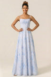 Blue Floral Corset A Line Printed Chiffon Long Bridesmaid Dress
