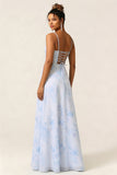 Blue Floral Corset A Line Printed Chiffon Long Bridesmaid Dress