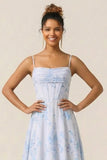 Blue Floral Corset A Line Printed Chiffon Long Bridesmaid Dress
