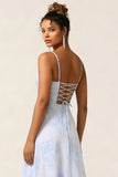 Blue Floral Corset A Line Printed Chiffon Long Bridesmaid Dress