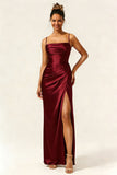 Burgundy Mermaid Ruched Satin Long Bridesmaid Dress with Slit
